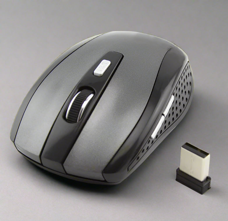 Wireless office computer mouse with USB receiver, size 100x60x35mm.