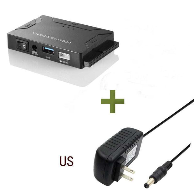 USB to IDE Multifunctional Converter with Power Adapter, Compact Design, High-Speed Data Transfer.