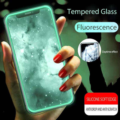 Luminous full cover tempered glass with fluorescence effect for smartphone, anti-drop and anti-scratch features.