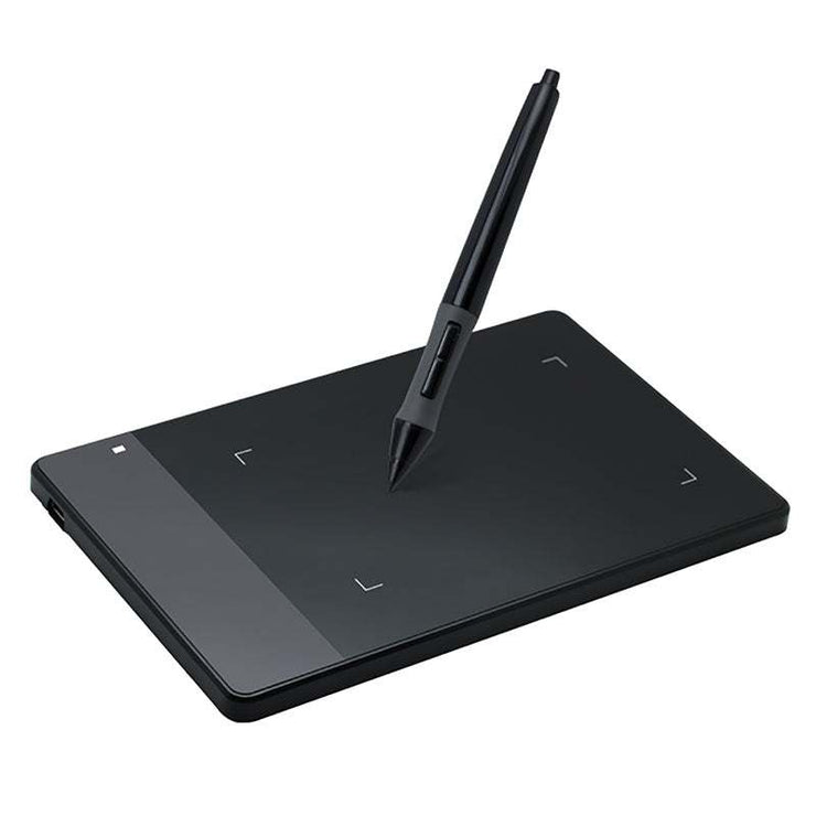 HUION 420 electronic drawing board with stylus pen on black surface.