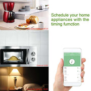WIFI Smart Plug controlling home appliances like coffee maker, microwave, and lights via smartphone scheduling app