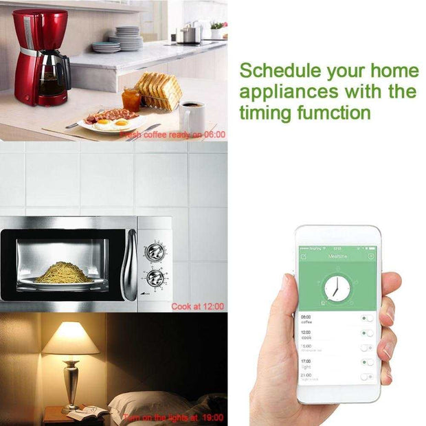WIFI Smart Plug controlling home appliances like coffee maker, microwave, and lights via smartphone scheduling app