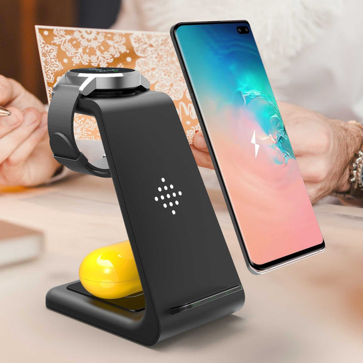 3-in-1 fast charging station with wireless charger stand for phone, watch, and earbuds.