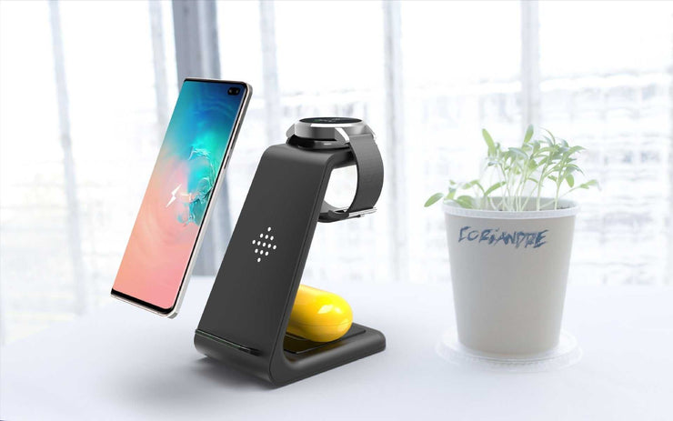 3 in 1 wireless charging station dock for phone, watch, and earbuds.