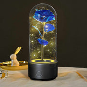 Bluetooth-compatible rose LED light and speaker in glass cover, perfect Valentine's Day gift.