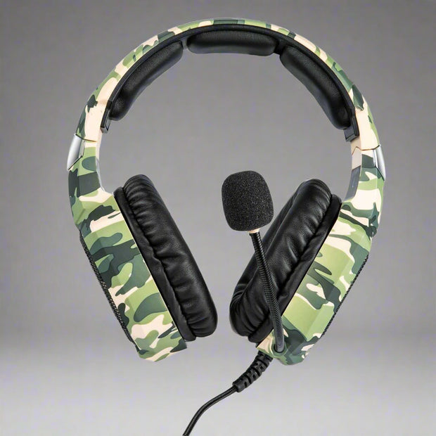 K8 camouflage headphones with 3.5mm plug for PS4, Xbox One, iPhone, iPad.
