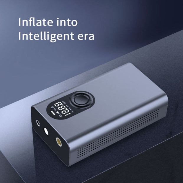 Portable vehicle-mounted multifunctional tire pump with digital display on a sleek black surface.