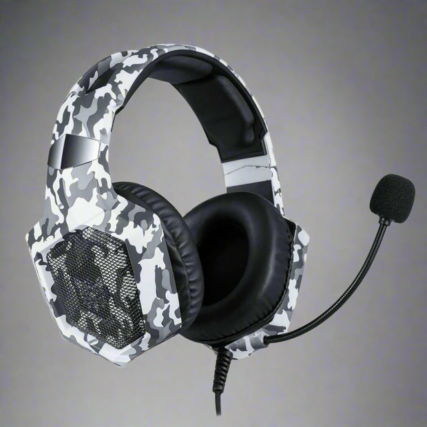 K8 camouflage headphones with over-ear design and built-in microphone.