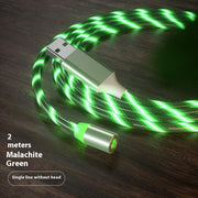 Magnetic LED fast charging cable in malachite green, 2 meters, Type-C, Micro USB, Lightning compatible.