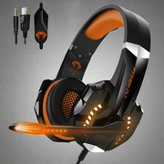 Wired gaming headset with microphone and USB plug, black and orange design.