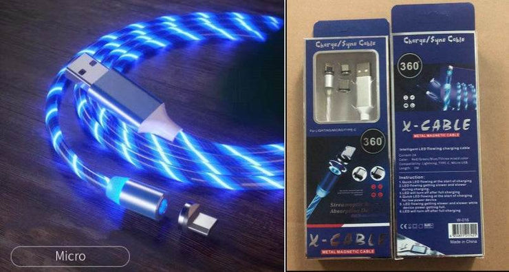 Magnetic LED fast charging cable with Type-C, Micro USB, and Lightning compatibility, featuring blue LED lights and packaging.