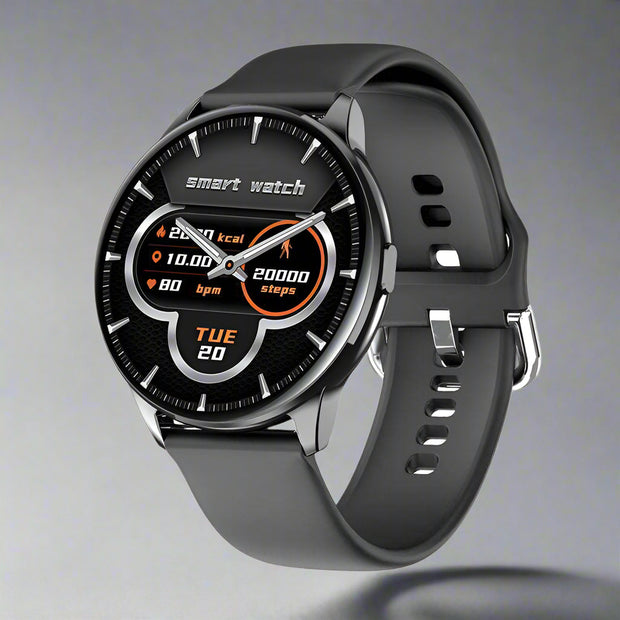 Y90 Smart Watch with black strap featuring GPS and blood pressure monitoring.