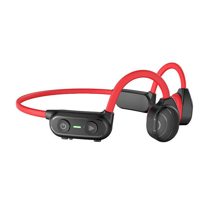 Personal Bone Conduction Bluetooth Headset with red headband and black earpieces.