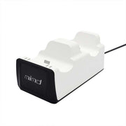 PS5 wireless controller dual charging dock in black and white, designed for fast simultaneous charging.