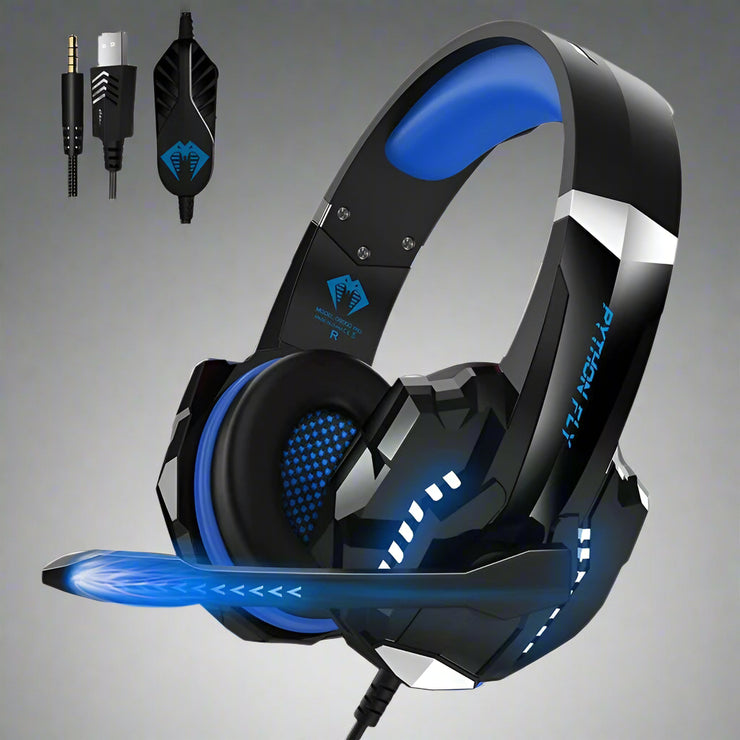 Wired gaming headset with USB plug, blue accents, and built-in microphone.