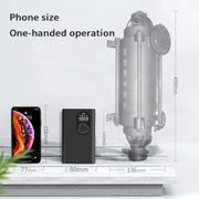 Portable vehicle-mounted multifunctional tire pump comparison with phone size for one-handed operation.