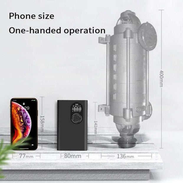 Portable vehicle-mounted multifunctional tire pump comparison with phone size for one-handed operation.