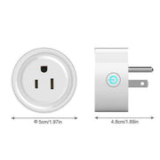 Compact white WIFI Smart Plug with power button, compatible with smartphones and voice assistants, for remote device control.