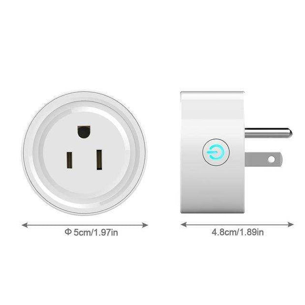 Compact white WIFI Smart Plug with power button, compatible with smartphones and voice assistants, for remote device control.