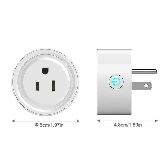 Compact white WIFI Smart Plug with power button, compatible with smartphones and voice assistants, for remote device control.