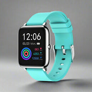P22 smart watch with IPS color screen and turquoise strap.