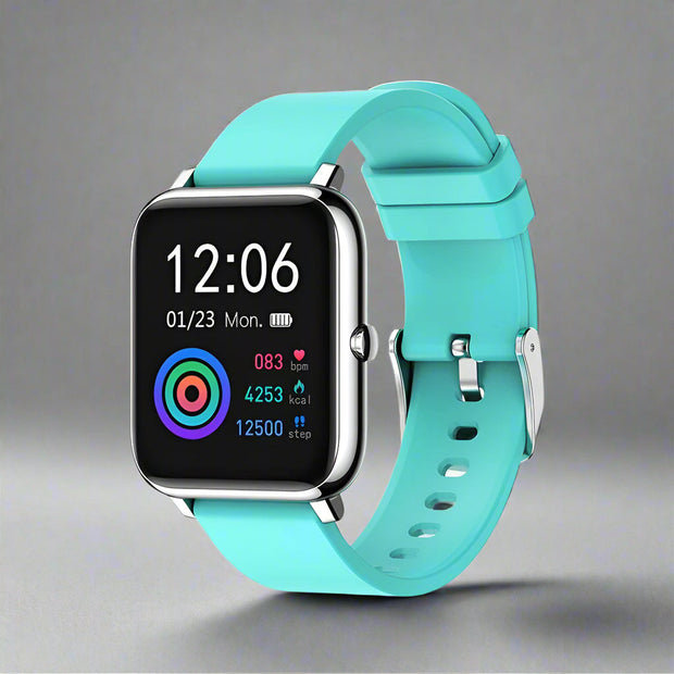 P22 smart watch with IPS color screen and turquoise strap.