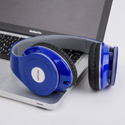 Blue wired gaming headphone with heavy bass resting on a laptop, compatible with Windows, Phone, and iOS devices.