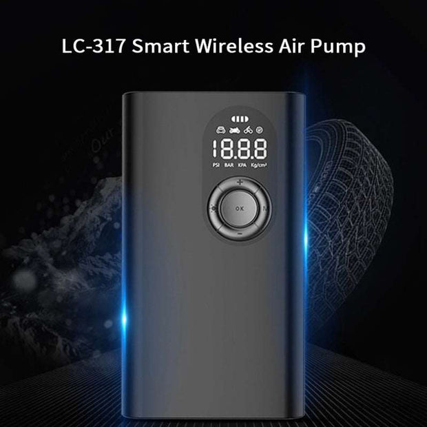 Portable vehicle-mounted multifunctional tire pump with digital display, black color, wireless and USB chargable.