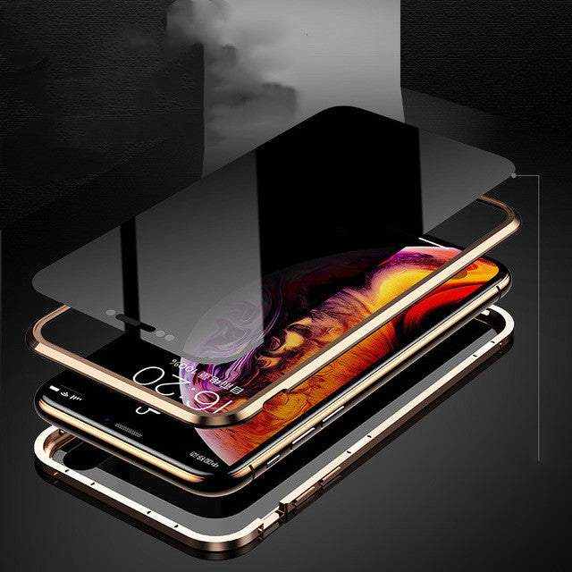 Anti-peep magnetic phone case with privacy glass, metal frame, compatible with iPhone