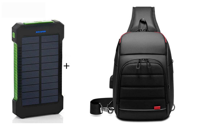 Ultra-thin solar charger with black chest bag for camping and travel.