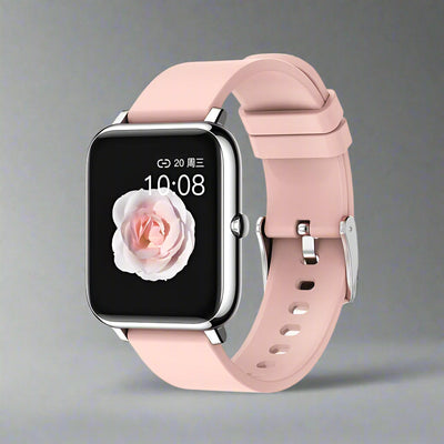 Pink P22 smart watch with IPS color screen and sleek design.