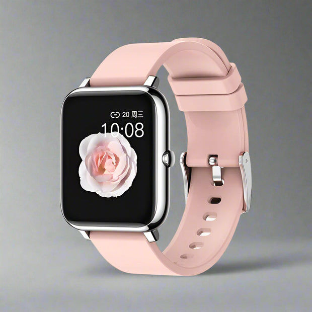 Pink P22 smart watch with IPS color screen and sleek design.