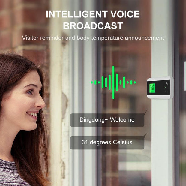 AI intelligent voice broadcast thermometer mounted on wall, showing digital temperature display with voice prompt.