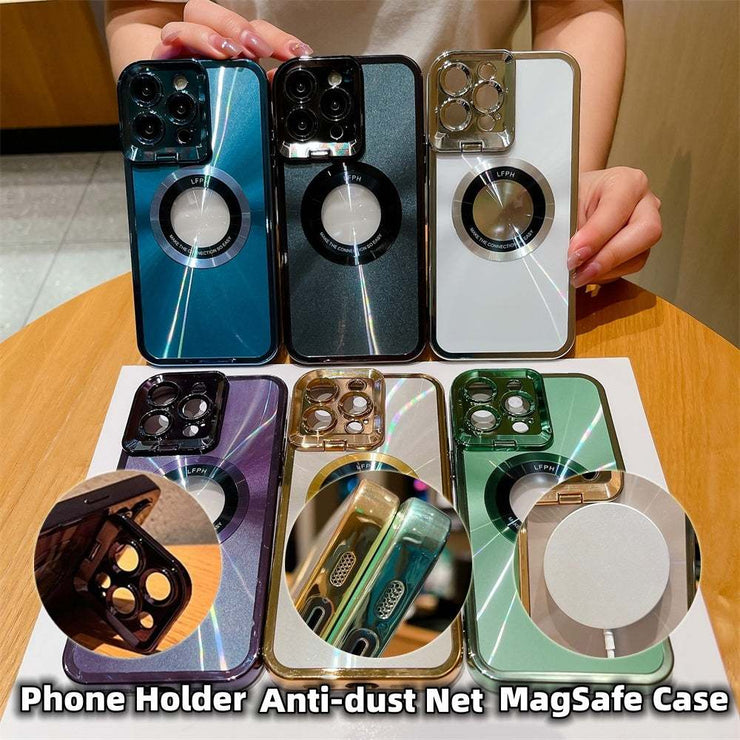 Electroplated phone case with CD pattern and Magsafe feature, including magnetic suction bracket and camera stand, available in multiple colors.