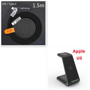 3 in 1 wireless charging station for iPhone, watch, and earbuds with Type-C cable.