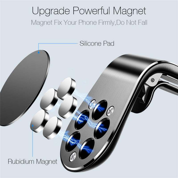 360° magnetic car phone holder with strong metal magnet, black, air vent mount for smartphones and GPS.