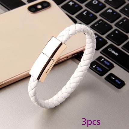 Bracelet charger USB data cable in white braided leather design.