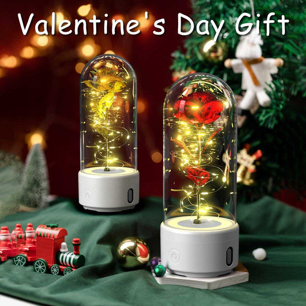 Bluetooth-compatible rose LED light and speaker in glass cover, ideal Valentine's Day gift.