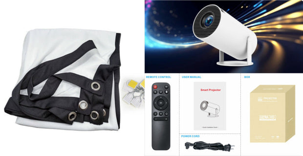 HY300 Pro Projector with accessories, remote control, user manual, power cord, and packaging.