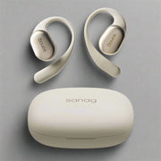 Wireless long endurance ear-mounted Bluetooth headset in beige with charging case.