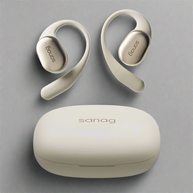 Wireless long endurance ear-mounted Bluetooth headset in beige with charging case.