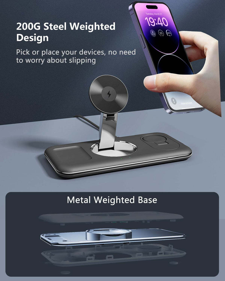 Folding Magnetic Wireless Charger with metal weighted base for stable device placement.