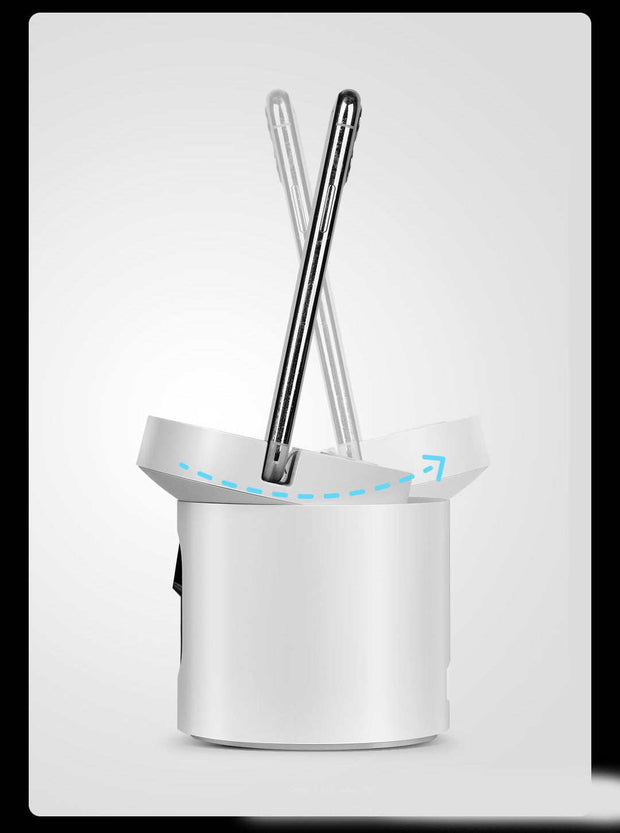 AI Face Recognition Smart Follow-up Gimbal with smartphone mounted, showcasing 360-degree vertical rotation, suitable for smart devices, white color.