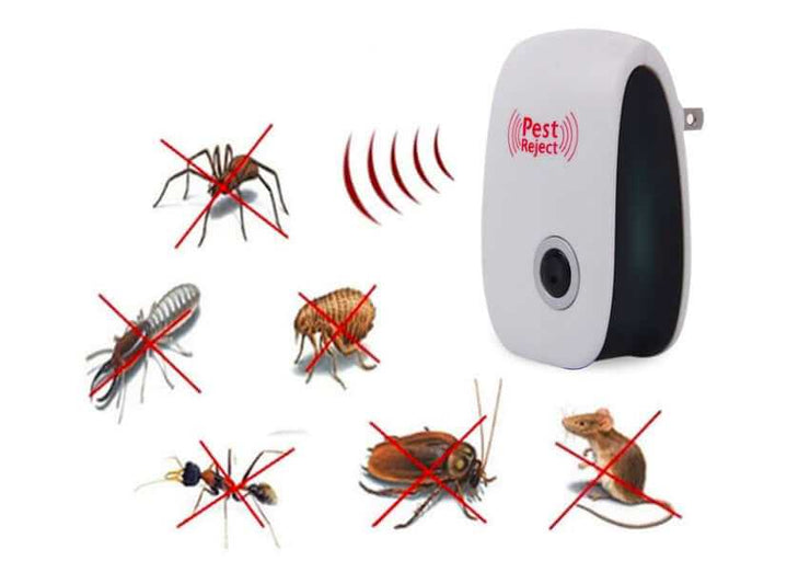 Electronic Ultrasonic Pest Repeller showing pest control effectiveness against various insects and rodents.