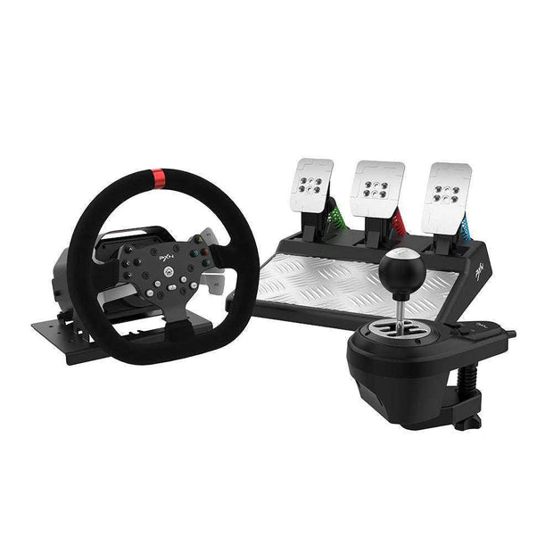 PXN V10 game aiming wheel with pedals and gear shifter for PC, XBOX One, and PS4.