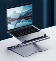 Laptop stand with 8-in-1 docking station, aluminum alloy construction, deep space grey.