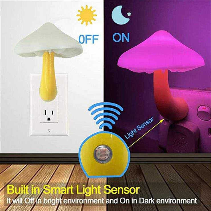 LED mushroom night light with smart sensor in EU/US plug, warm white for bedrooms.