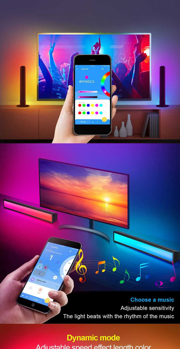 Bluetooth desktop atmosphere light with LED ice strip, illuminating behind monitors and synced with a smartphone app for color control.