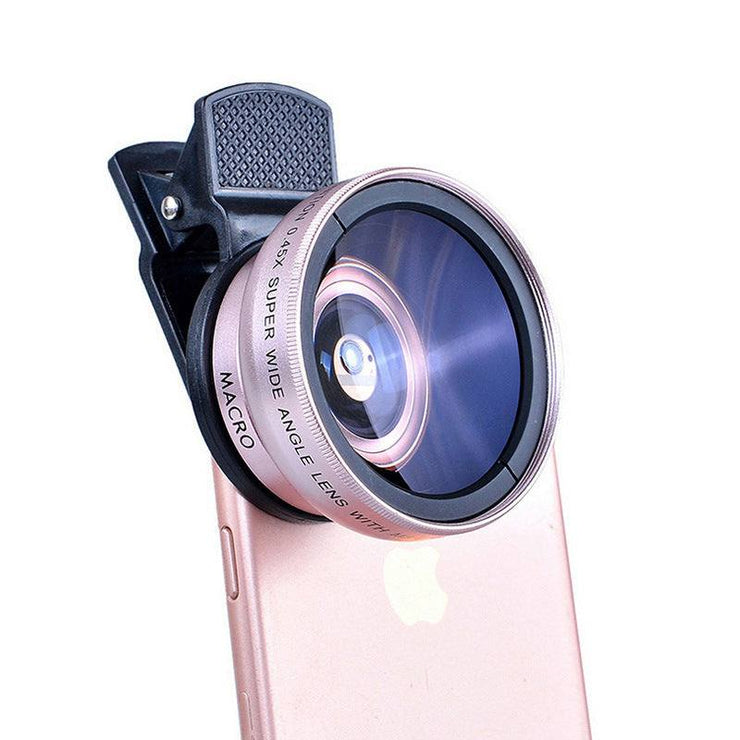 Mobile phone lens 0.45X wide angle with macro external HD lens attached to smartphone.