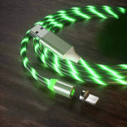 Magnetic LED fast charging cable with glowing green nylon braid and detachable magnetic connector.